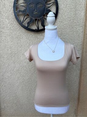 Cream Square Neck Buttery Soft Short Sleeve Top Basics Casual